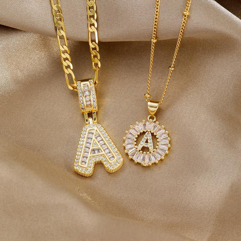 【B3】2 Count Initial Letter Necklace Set with Zirconia Stones | Golden/Silver Bubble Necklaces  