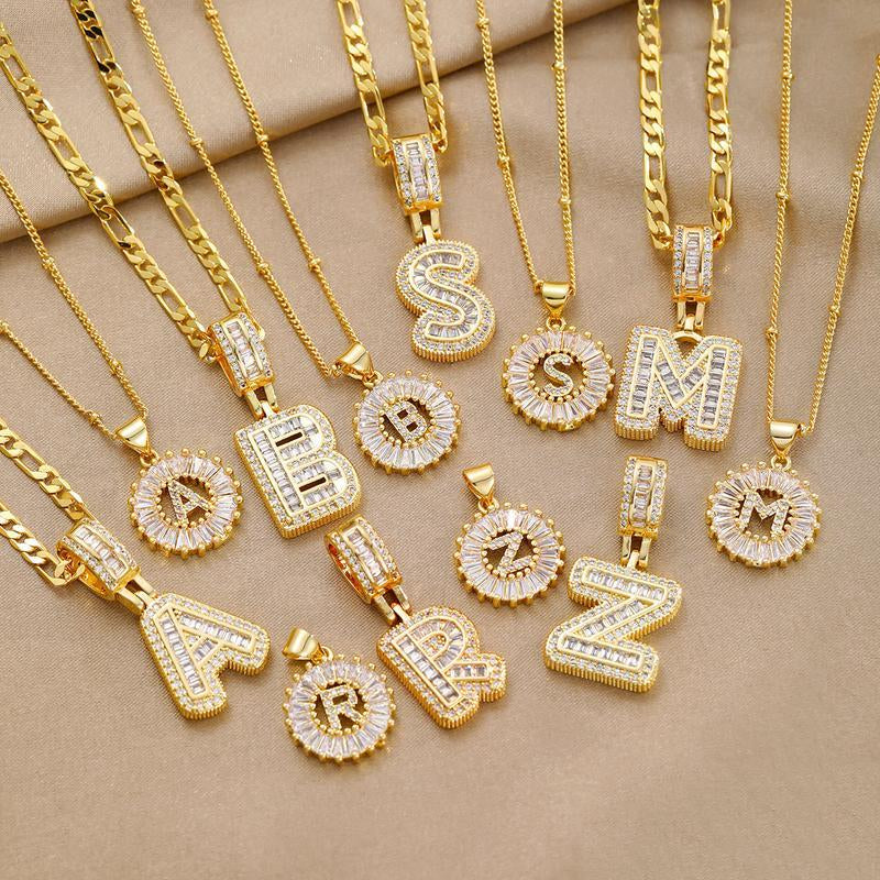 【B3】2 Count Initial Letter Necklace Set with Zirconia Stones | Golden/Silver Bubble Necklaces  