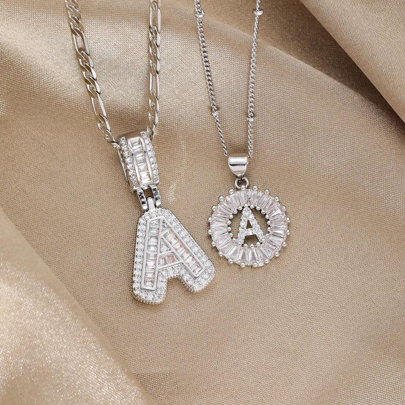 【B3】2 Count Initial Letter Necklace Set with Zirconia Stones | Golden/Silver Bubble Necklaces  
